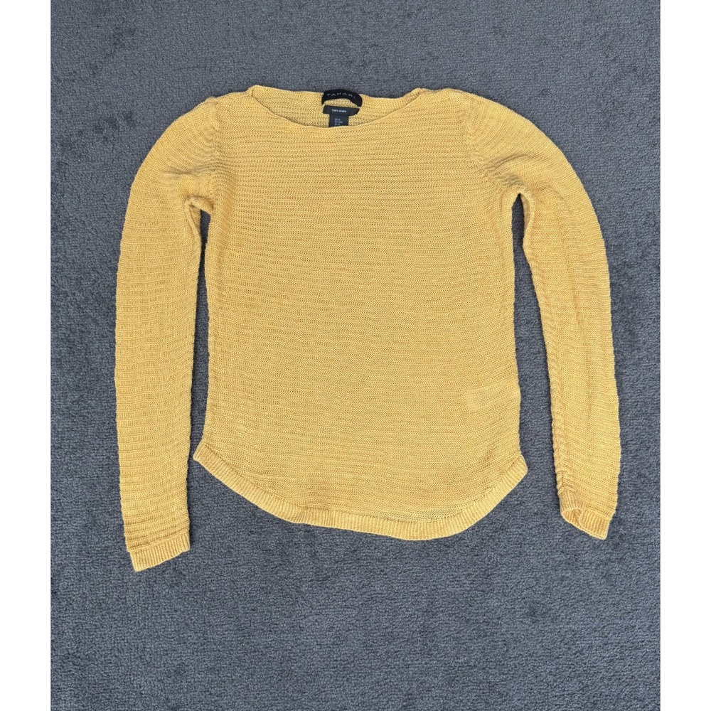 Tahari Womens Mustard Yellow 100% Linen Long Sleeve Boat Neck Sweater Size M